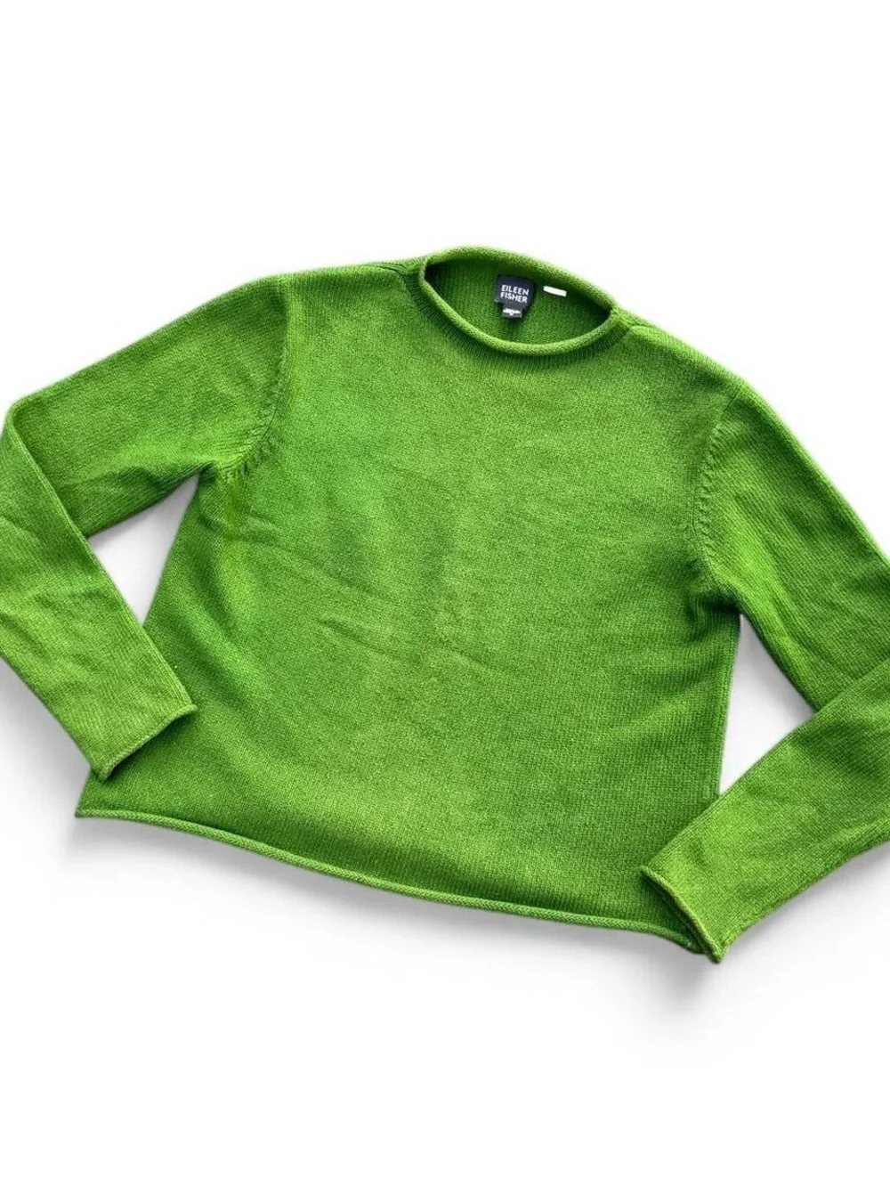 Vintage Eileen Fisher Ribbed Knit Cotton Sweater Green Crew Neck Small